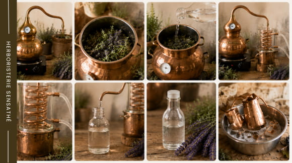 Étapes de fabrication d'un hydrolat avec un alambic en cuivre et distillation des plantes aromatiques - Herboristerie Sensathé Étapes de fabrication d'un hydrolat avec un alambic en cuivre et distillation des plantes aromatiques - Herboristerie Sensathé